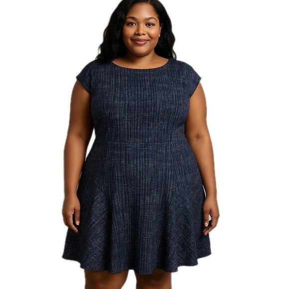 Eliza J Dresses & Skirts - ELIZA J Size 16 Navy Cotton Blend Tweed Rockabilly Drop Waist Flounce Hem Dress